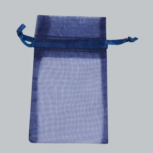 5W x 7H, Sheer Organza Satin Cord Gift and Wine Pouches, Navy Blue