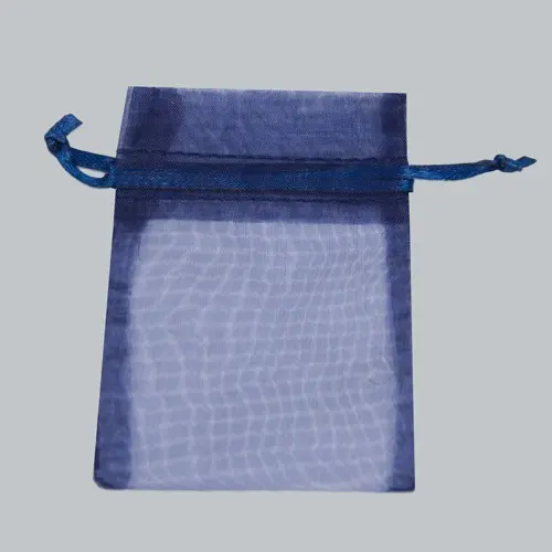 3W x 4H, Sheer Organza Satin Cord Gift and Wine Pouches, Navy Blue
