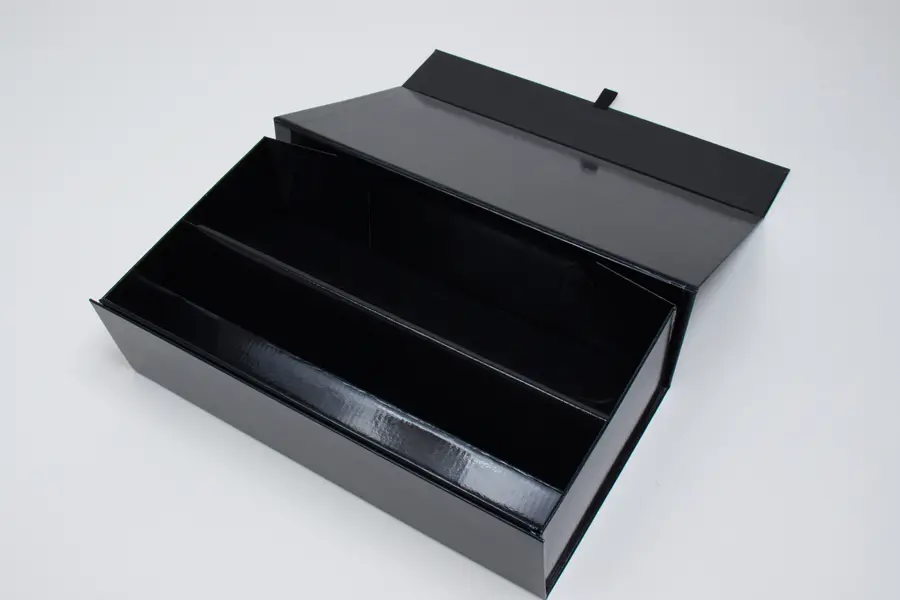 13-1/2L x 3-1/2W x 3-1/2H, Rigid Magnetic Wine Boxes, Black Gloss, Double