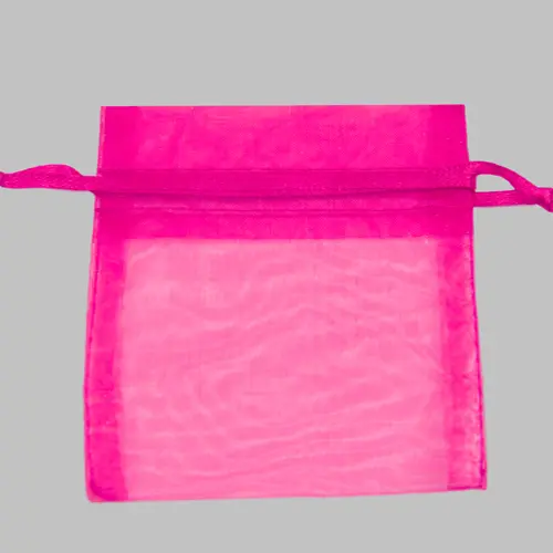 2W x 2-1/2H, Sheer Organza Satin Cord Gift and Wine Pouches, Hot Pink