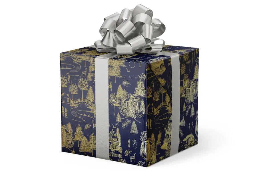 24W x 417 ft, Everyday Wrapping Paper, Navy-Gold Wintertown