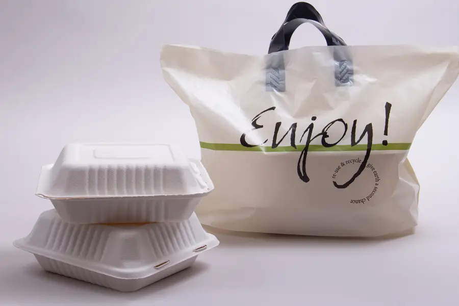 19W x 9D x 12H, Soft Loop Handled Plastic Take-Out Bags, Cream
