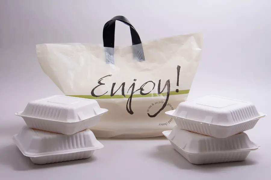 24W x 11D x 14H, Soft Loop Handled Plastic Take-Out Bags, Cream