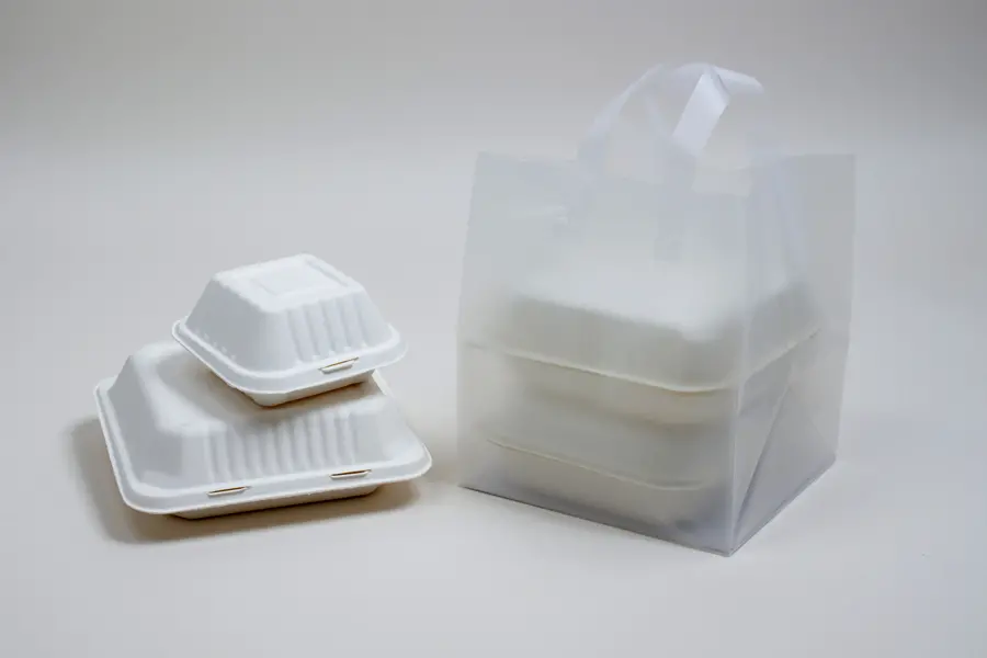 9W x 8D x 10H, Economy Plastic Take-Out Bags with Die-cut Handles, White