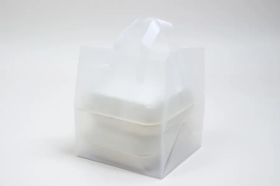 9W x 8D x 10H, Economy Plastic Take-Out Bags with Die-cut Handles, White