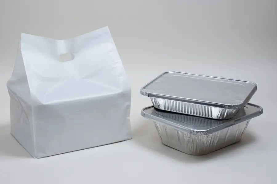 13W x 10D x 15H, Economy Plastic Take-Out Bags with Die-cut Handles, White
