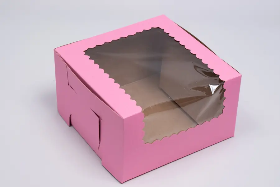 8L x 8W x 4H, Strawberry Pink Bakery Boxes with Window, Strawberry