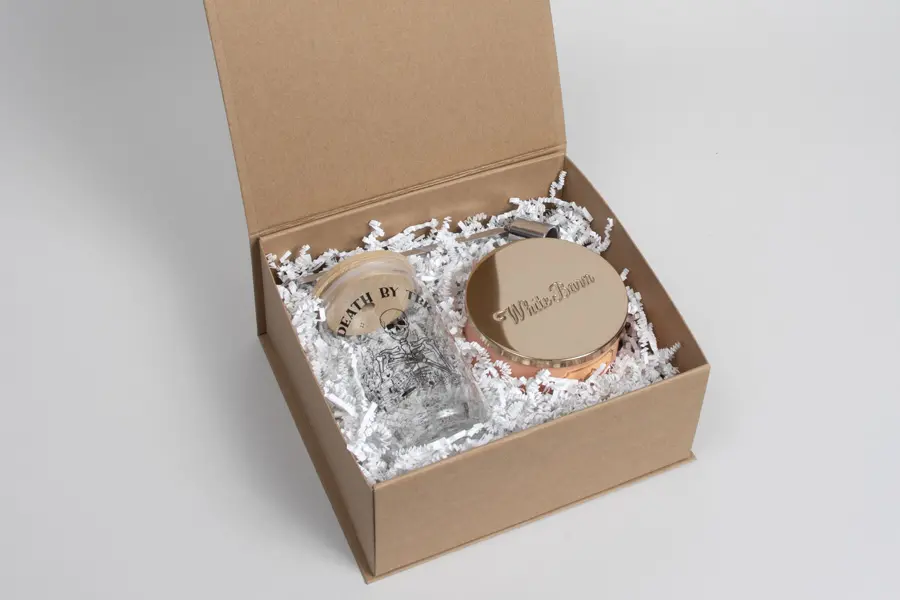 8-1/2L x 7-3/4W x 3-3/4H, Premium Folding Vesta Gift Boxes, Natural Kraft