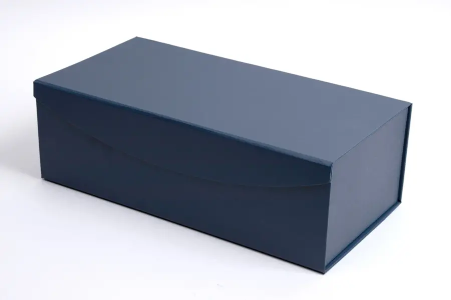 6-1/2L x 13W x 4-1/4H, Magnetic Navy Leatherette Curved Flap Boxes, Navy Blue