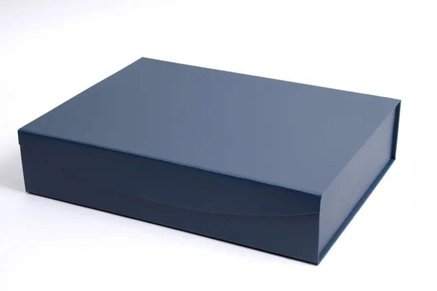 14-3/8L x 10-3/4W x 3-1/8H, Magnetic Navy Leatherette Curved Flap Boxes, Navy Blue