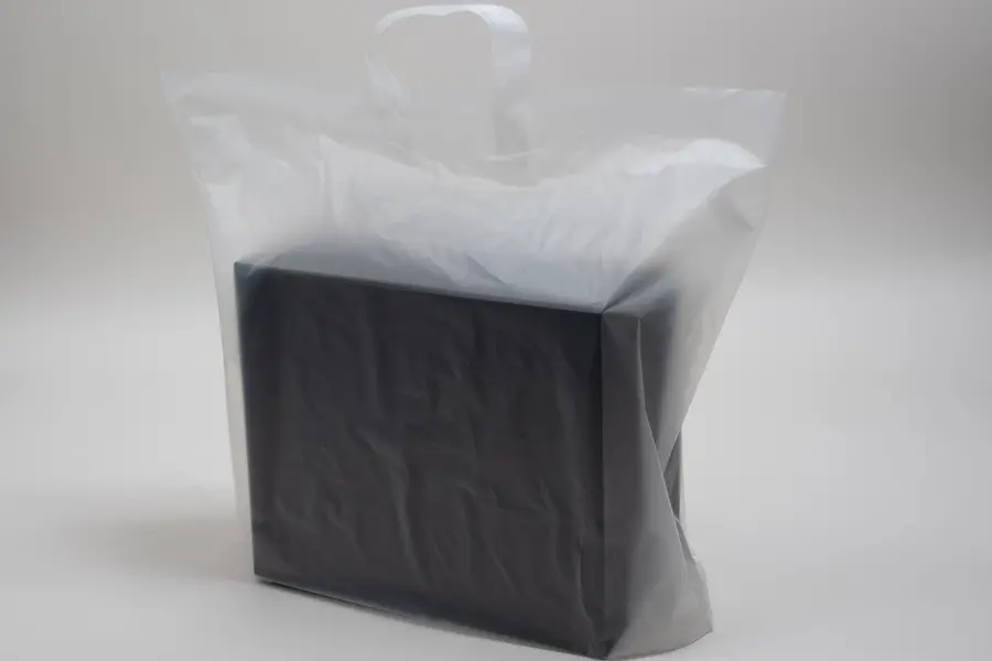 22W x 8D x 18H, Plastic Tote Bags with Soft Loop Handles, Frosted Clear