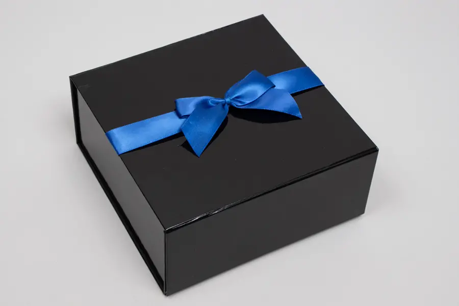 2-3/4 Bow x 4-1/2W, Self-Adhesive Pre-Tied Bows for Collapsible Magnetic Boxes, Blue Satin Bow