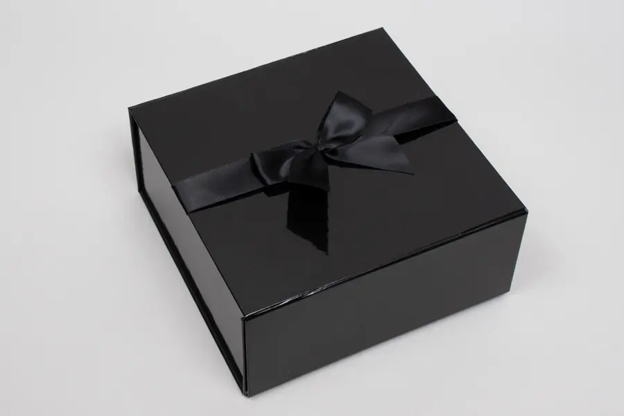 2 Bow x 3W, Self-Adhesive Pre-Tied Bows for Collapsible Magnetic Boxes, Black Satin Bow