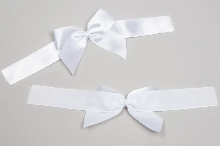 2-3/4 Bow x 4-1/2W, Self-Adhesive Pre-Tied Bows for Collapsible Magnetic Boxes, White Satin Bow