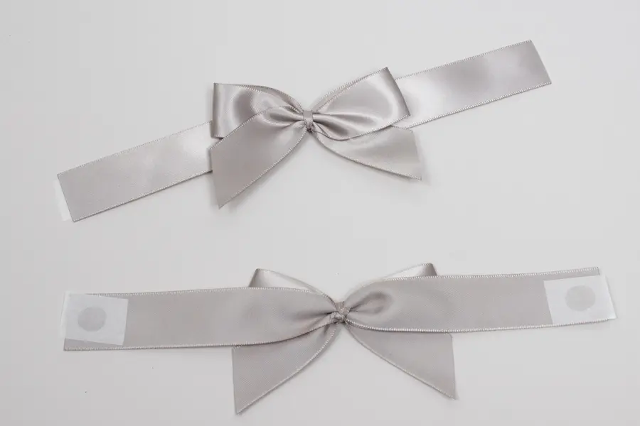 2-3/4 Bow x 4-1/2W, Self-Adhesive Pre-Tied Bows for Collapsible Magnetic Boxes, Silver Satin Bow