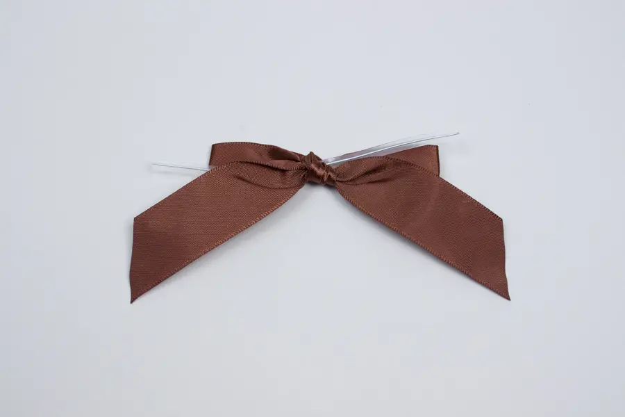 2-1/2W x 2 Bow, Pre-Tied Satin Bows With Wire Twist, Brown Satin