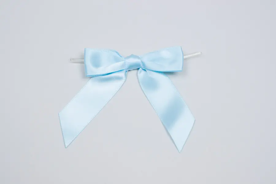 3W x 2-3/4 Bow, Pre-Tied Satin Bows With Wire Twist, Light Blue Satin