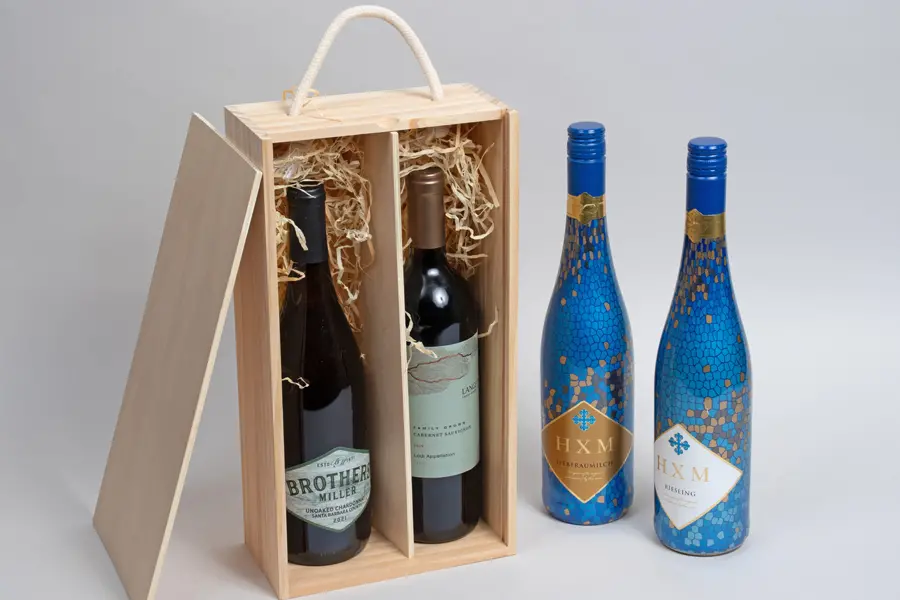 13-1/2L x 7W x 3-1/2H, Double Bottle Wooden Wine Box, Pine Wood
