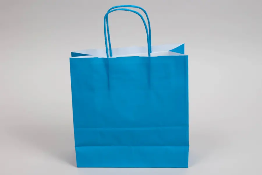 8-3/4W x 3-1/2D x 9H, Tinted Colors on Kraft Base Paper Bags with Twisted Paper Handles, Bright Process Blue