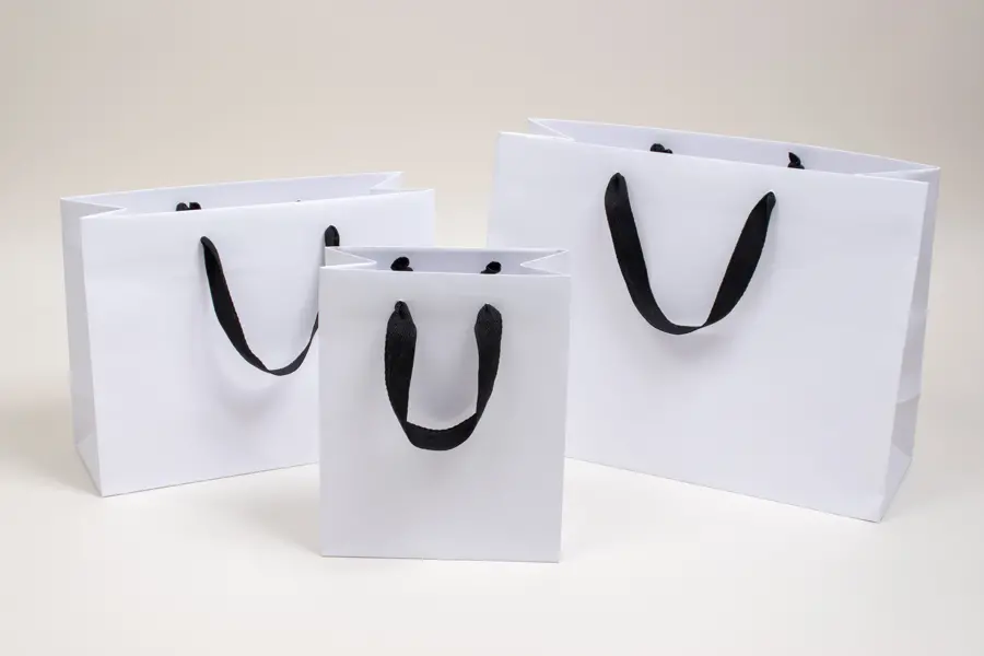 Matte White Paper Eurototes - Black Twill Ribbon Handles