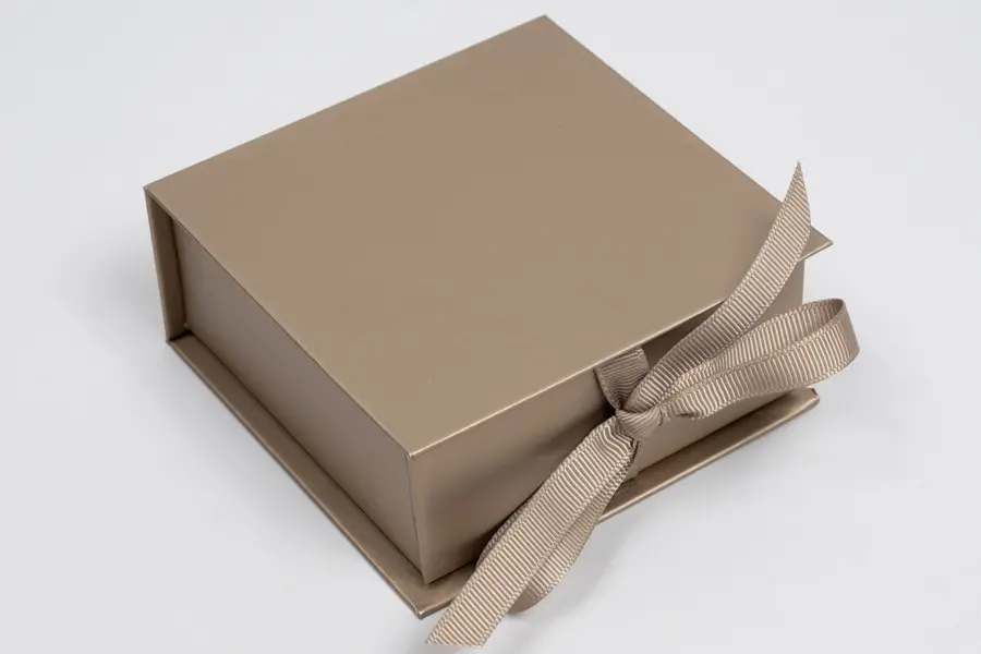 3-1/2L x 3-1/2W x 1-1/2H, Deluxe Ribbon Jewelry Boxes, Matte Champagne