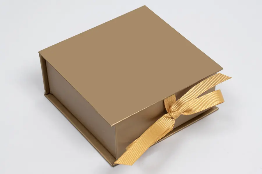 3-1/2L x 3-1/2W x 1-1/2H, Deluxe Ribbon Jewelry Boxes, Matte Gold