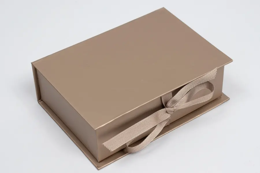 5L x 3-1/2W x 1-1/2H, Deluxe Ribbon Jewelry Boxes, Matte Champagne