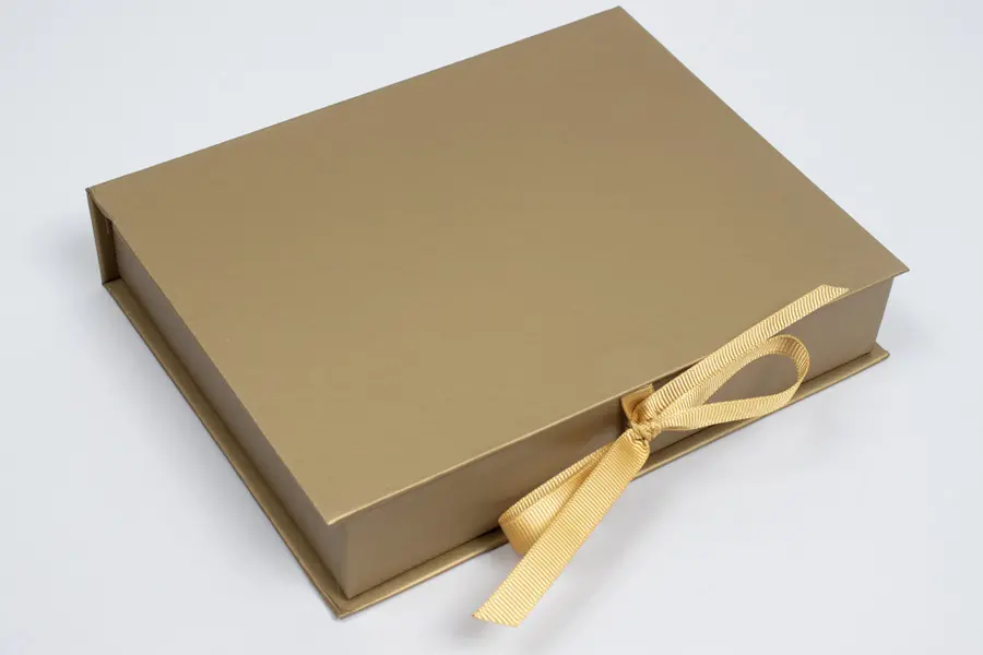 7L x 5-1/2W x 1-1/4H, Deluxe Ribbon Jewelry Boxes, Matte Gold
