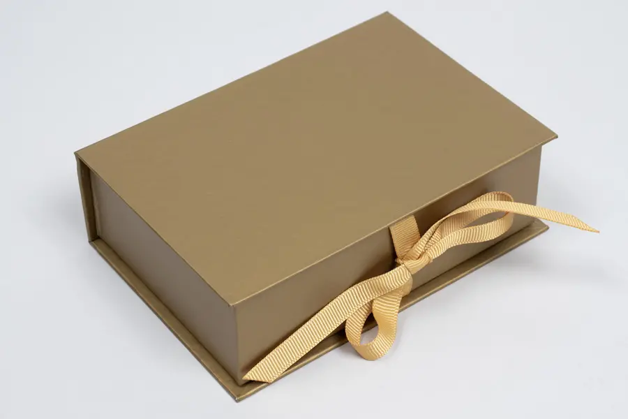 5L x 3-1/2W x 1-1/2H, Deluxe Ribbon Jewelry Boxes, Matte Gold