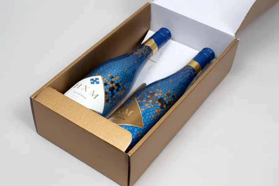7-1/4L x 3-1/2W x 13-3/8H, Italian Wine Boxes, Spun Matte Oro Gold