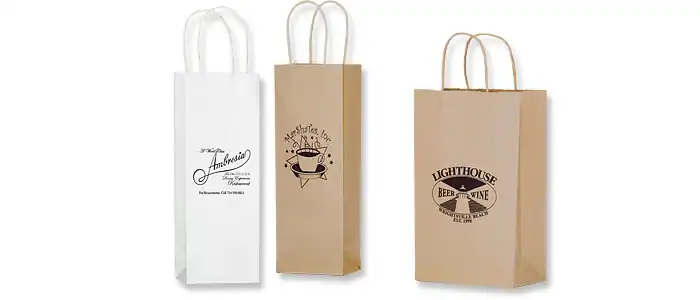 5-1/4W x 3-1/2L x 13H, Short Run Imprinted Wine Bottle Bags, Natural Kraft