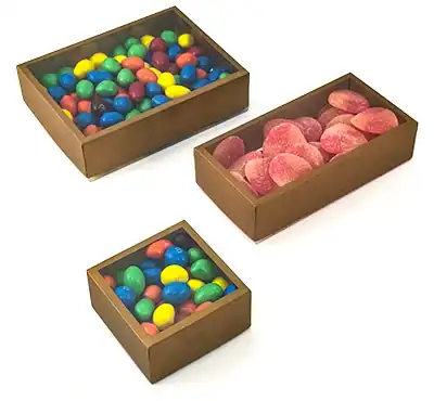 2-3/4W x 2-3/4L x 1-3/8H, Gold Sided Clear View Top PET Candy Boxes
