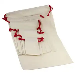6W x 14L, White Cotton Drawstring Pouches, Red Cords