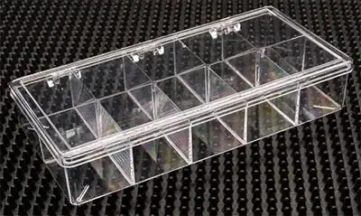 7W x 3-3/4L x 1-1/4H, Rigid Clear Hinged Partition Boxes, 10 Partitions