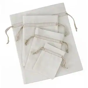 2W x 3L, White Cotton Drawstring Pouches, Ivory Cords