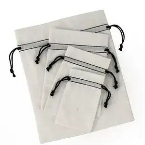 2W x 3L, White Cotton Drawstring Pouches, Black Cords