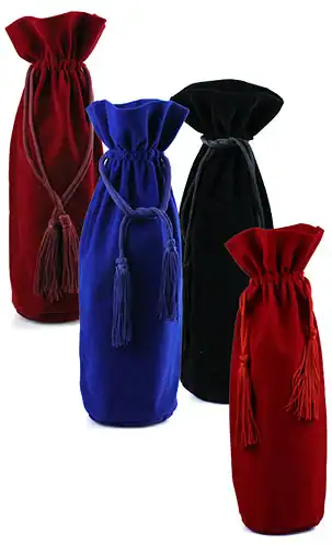 5-3/4W x 12-1/4L, Velvet Wine Bag with matching Drawstring Cord, Burgundy