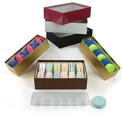 8-1/8W x 10-1/2L x 2-3/16H, Vu Top Macaron Boxes, Holds 4 Trays
