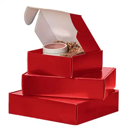 8W x 8L x 3H, Red Gloss Corrugated Mailer Boxes