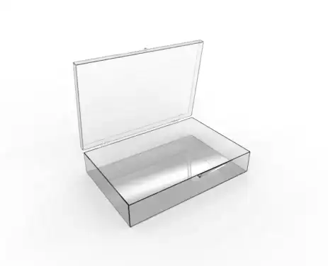 7-3/8W x 4-29/32L x 1-1/16H, Rigid Hinged Plastic Boxes, Clear