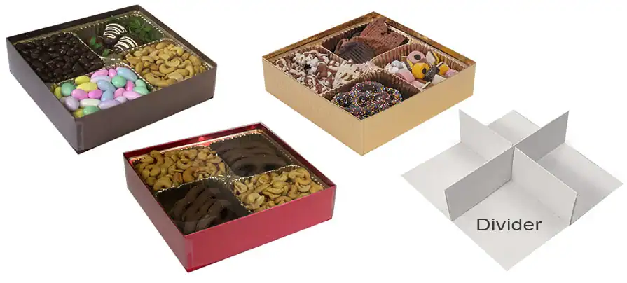 7-1/2W x 7-1/2L x 2-5/8H, Pretzel & Nut Boxes with Clear Lids, Gold Diamond, Cocoa Base