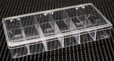8-1/4W x 4-1/2L x 1-3/8H, Rigid Clear Hinged Partition Boxes, 6 Partitions