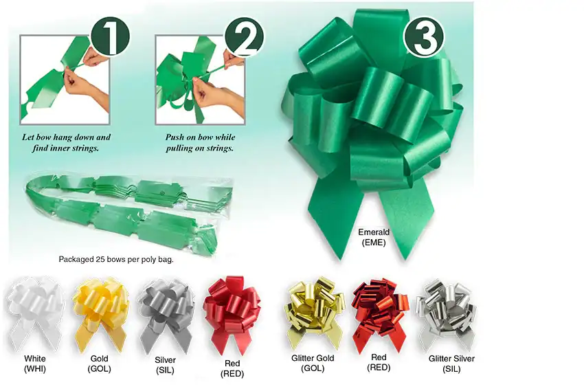 3-3x4 in. x 3x4 in. Ribbon Width, Instant Pull Pom Bows, Emerald