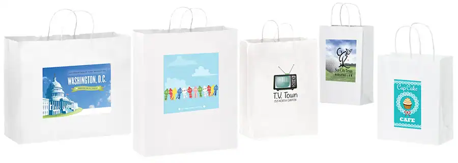 8W x 4-1/2L x 10-1/2H, Short Run 4 Color Imprint White Kraft Bags