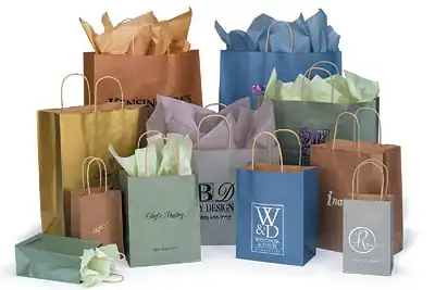 5-1/4W x 3-1/2L x 13H, Metallic Colors On Kraft Base Paper Bags withTwisted Paper Handles, Blue