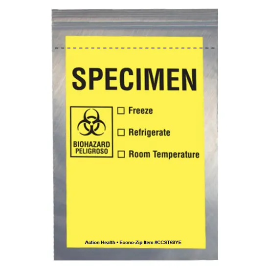 6W x 9L, 2 Mil Yellow Imprint Clear Specimen Bags with Tear Line