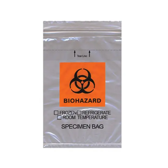 8W x 10L, 1.75 Mil Orange Imprint Clear Specimen Bags with Dispenser Pack