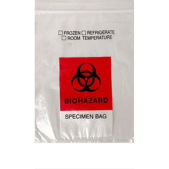 8W x 10L, 1.75 Mil Red Imprint Clear Specimen Bags with Absorbent Pad
