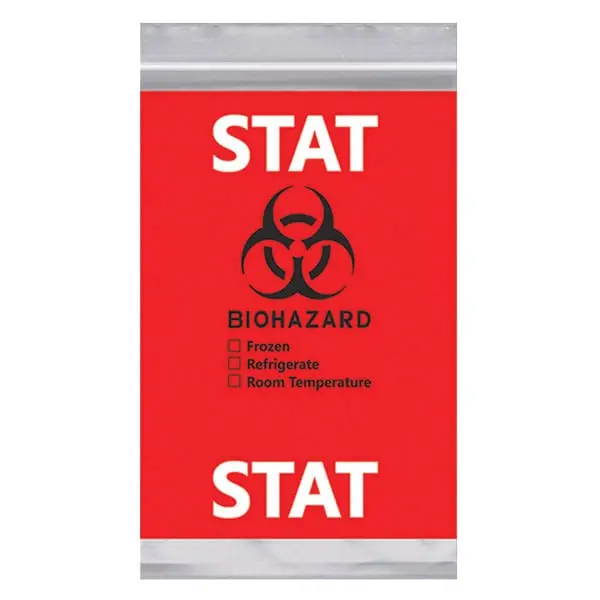6W x 9L, 2 Mil STAT Red Imprint Clear Specimen Bags with Perforation