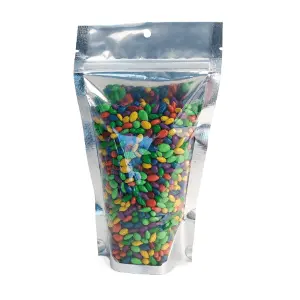 6W x 9.5L x 3.5D, 3 Mil Clear Front, Silver Metallized Stand Up Pouches